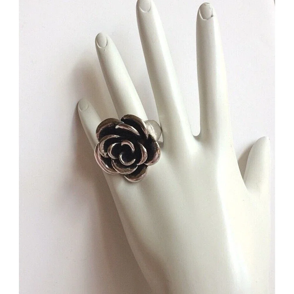 Vtg Silver Tone Rose Flower Bloom Cocktail Ring Size 6 7 8 9 Chunky Statement